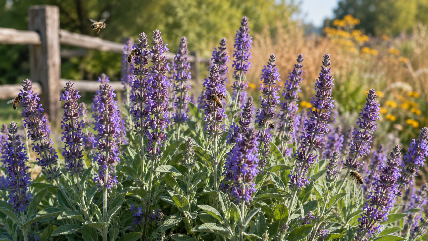 Une sauge sauvage en fleur, aux épis bleu-violet, très visitée par les abeilles