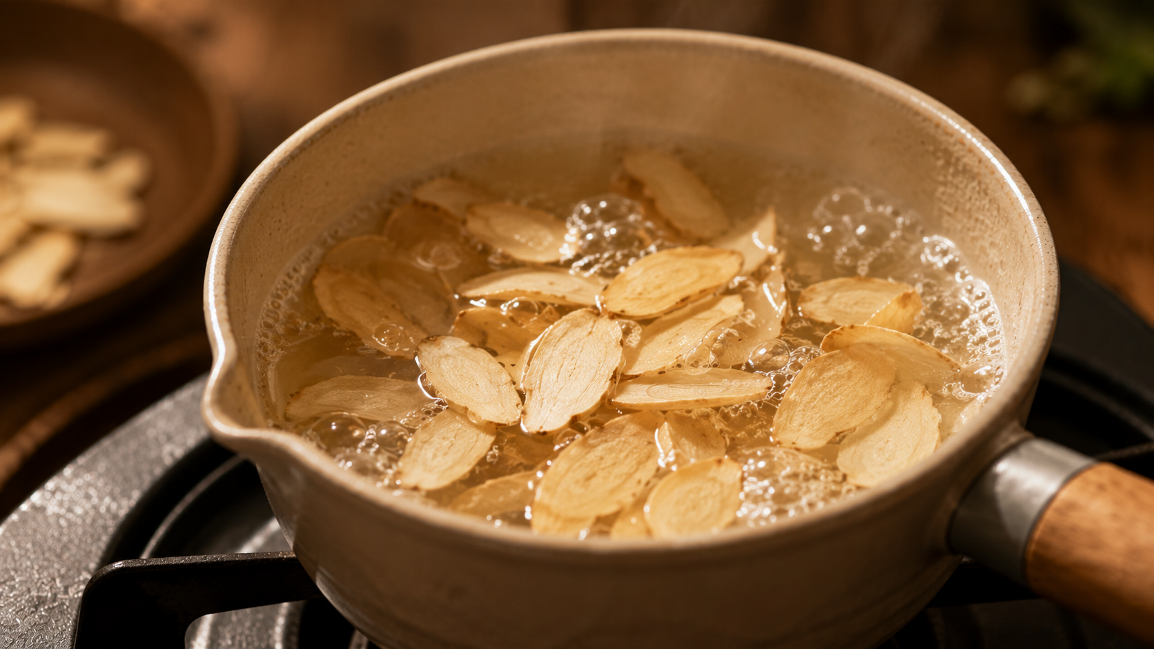 Fines lamelles de ginseng séchées mijotant dans une petite casserole d'eau frémissante