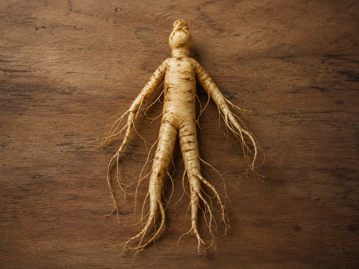 Racine de ginseng entière en forme de petit bonhomme, avec ses bras et ses jambes de racines fines