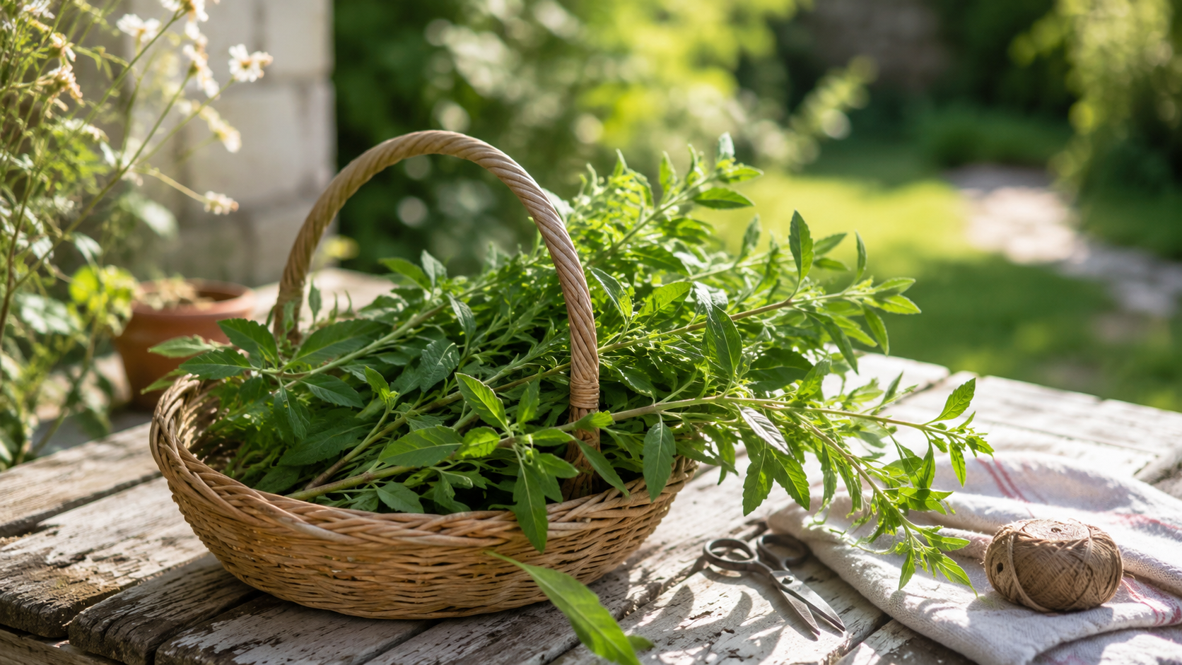 Un panier en osier rempli de tiges de verveine odorante fraîchement coupées, posé sur une table de jardin au soleil du matin
