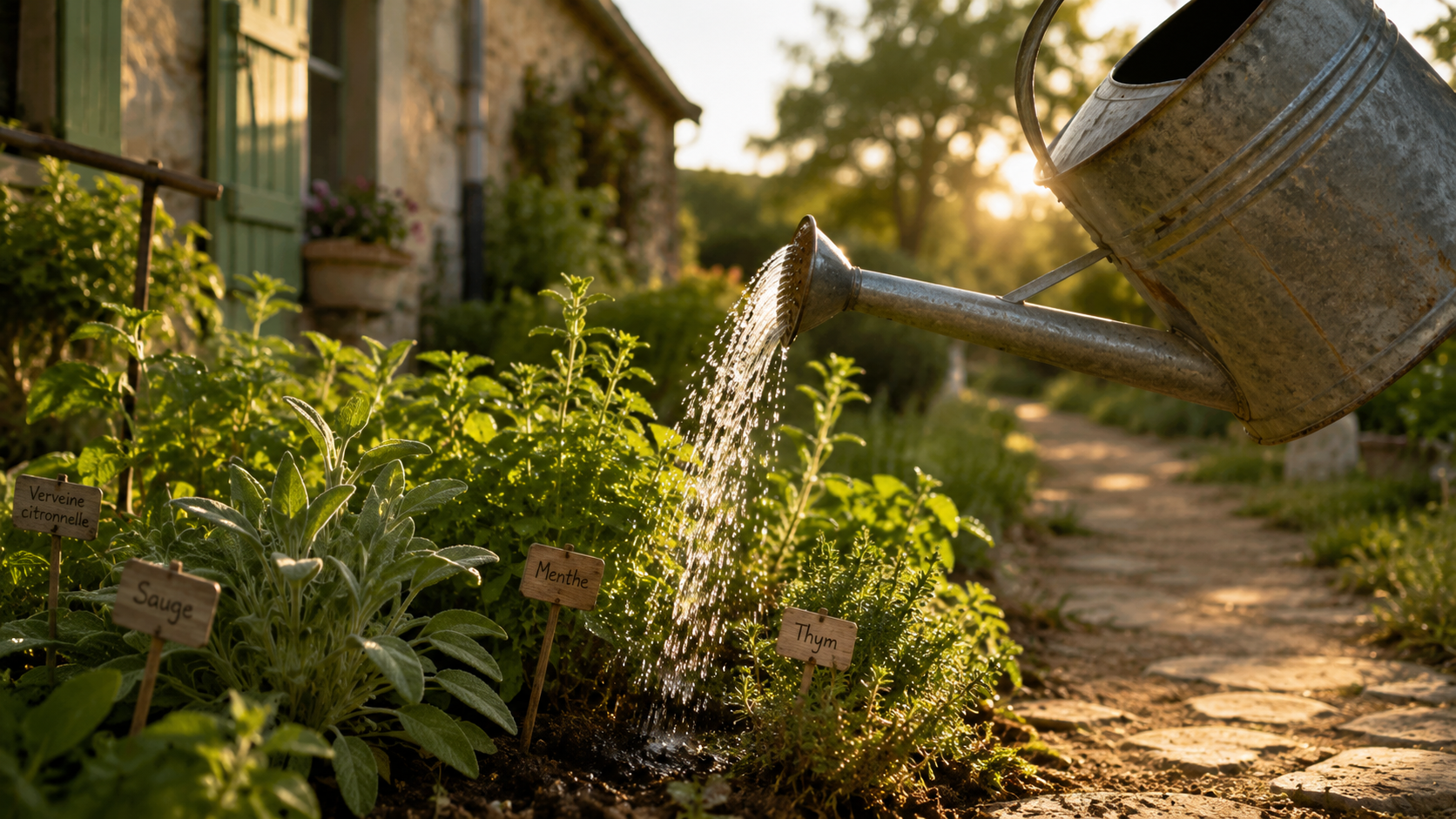 Un vieil arrosoir en zinc versant de l'eau au pied de plantes aromatiques dans la lumière dorée d'un soir d'été