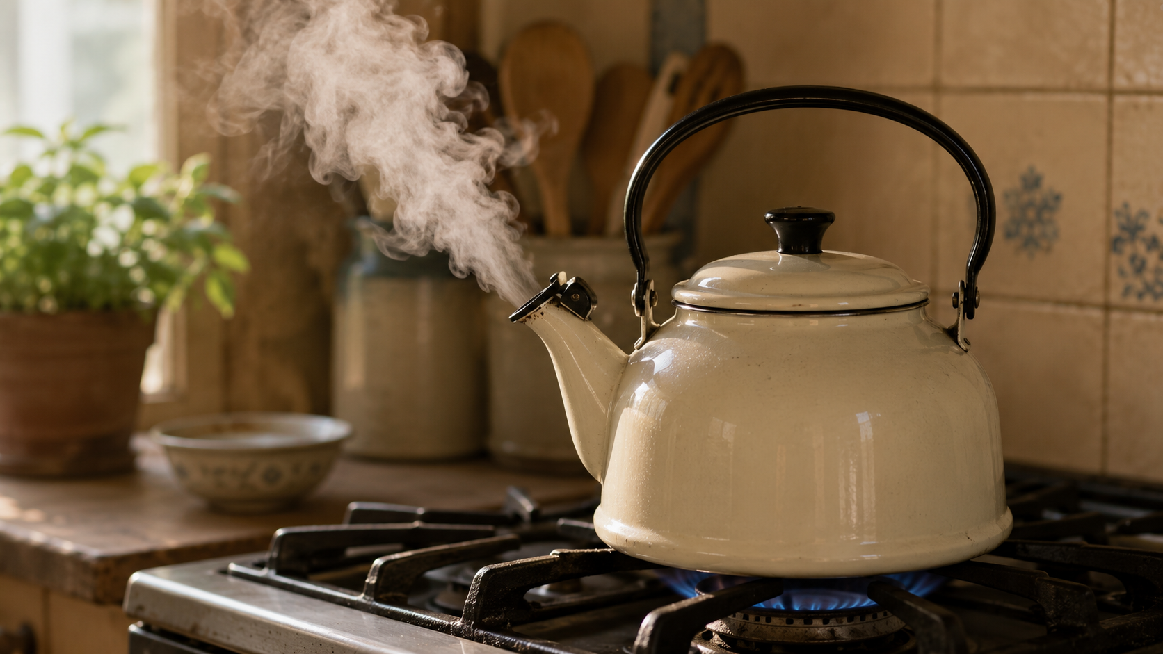 Une bouilloire en émail qui fume doucement sur la cuisinière, l'eau à peine frémissante