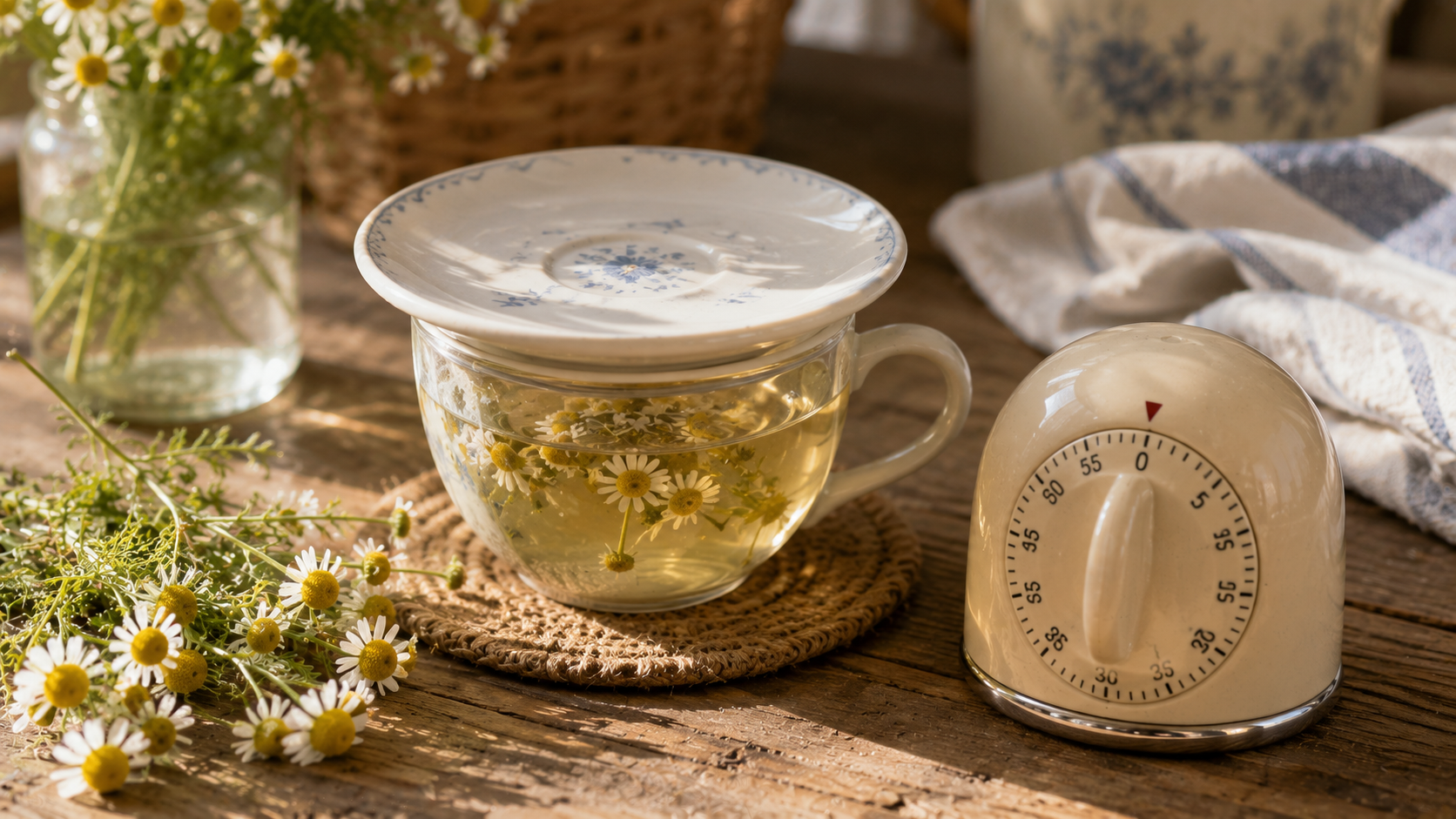 Une tasse de tisane de camomille couverte d'une petite soucoupe, un minuteur de cuisine posé à côté