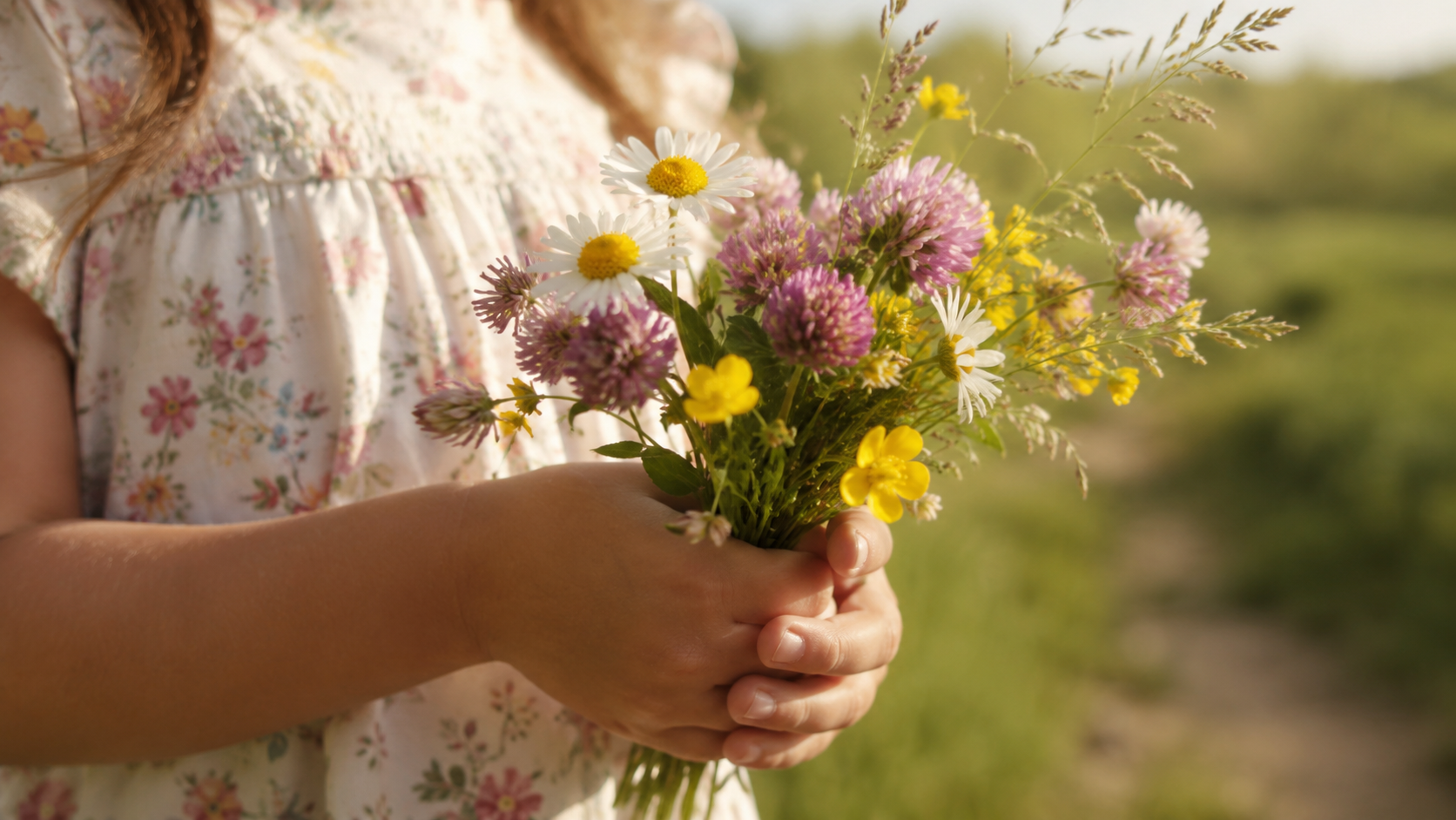 Des mains d'enfant tenant un petit bouquet de fleurs des champs cueillies en promenade d'été