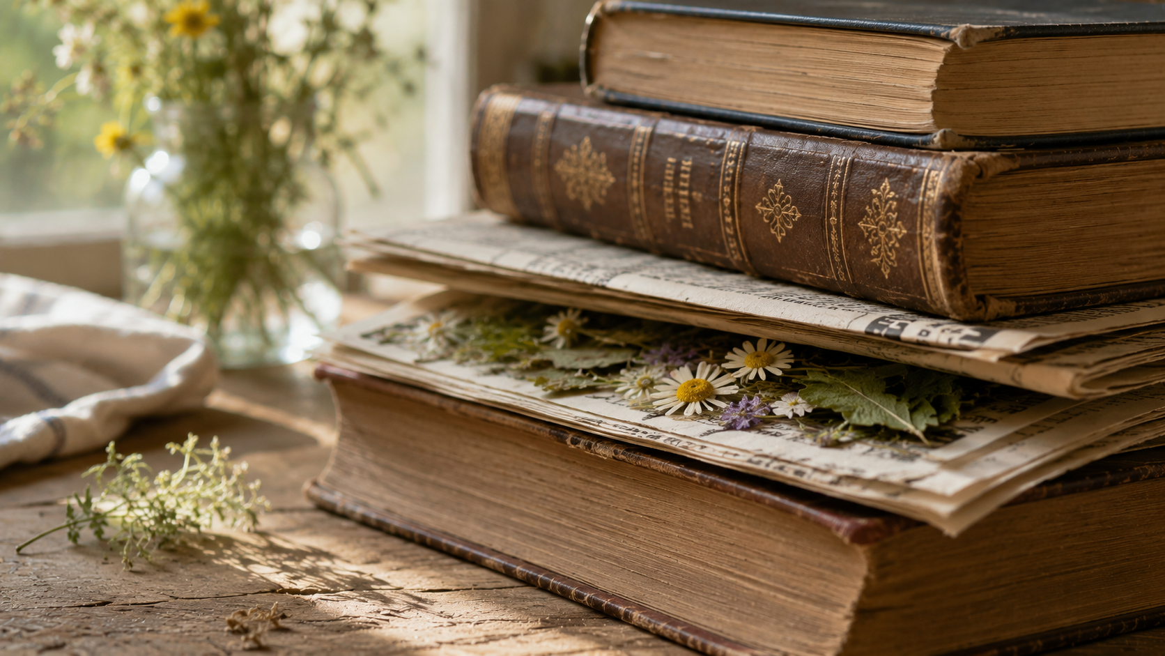 Fleurs et feuilles mises à plat entre deux feuilles de papier journal, sous une pile de gros livres anciens