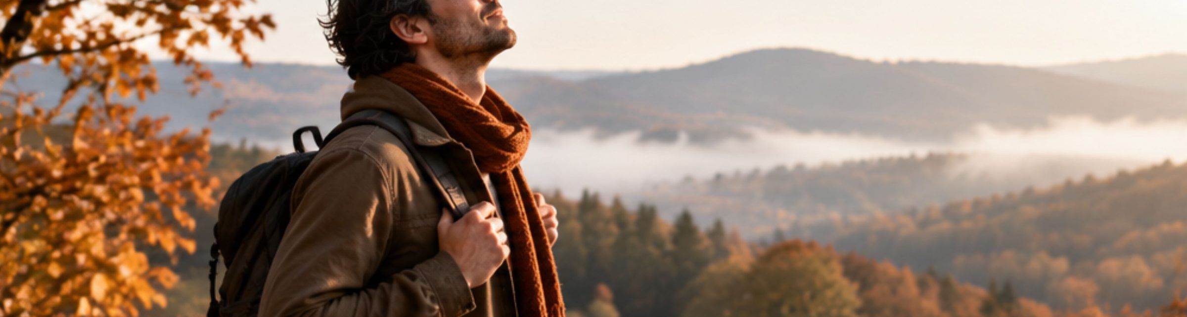 Marcheur face aux collines d'automne dans la brume du matin