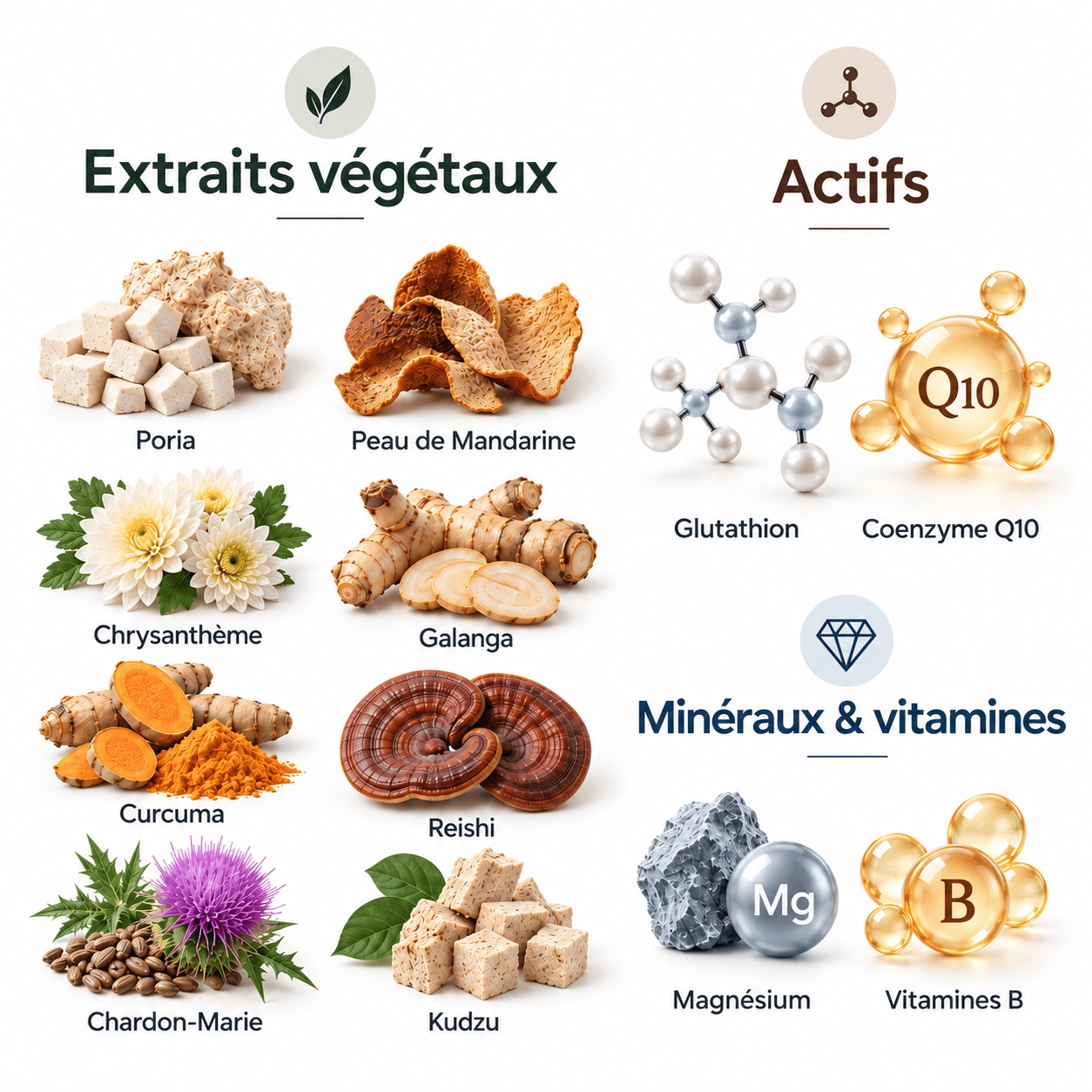 The formula's actives: plant extracts, glutathione and coenzyme Q10, minerals and vitamins