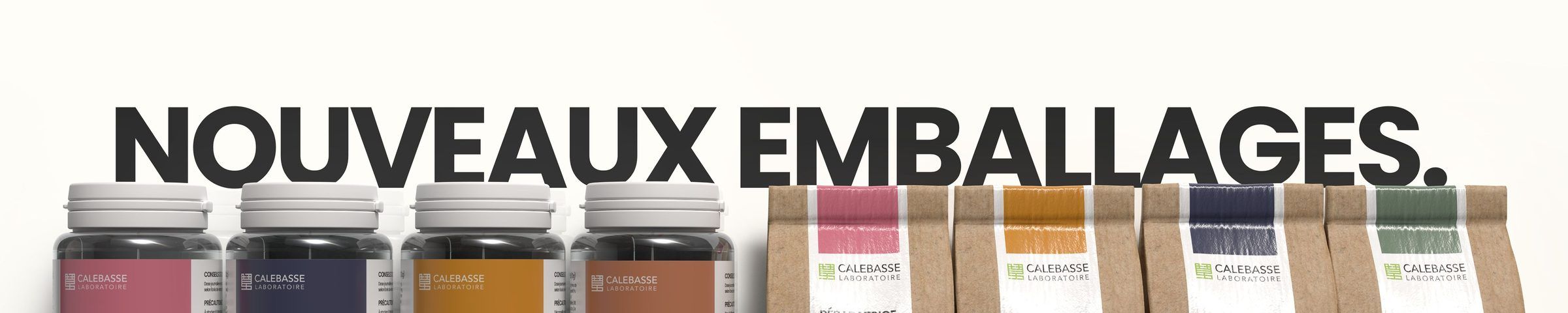 Nouveaux emballages : la gamme de gélules et de plantes Calebasse alignée sous le titre