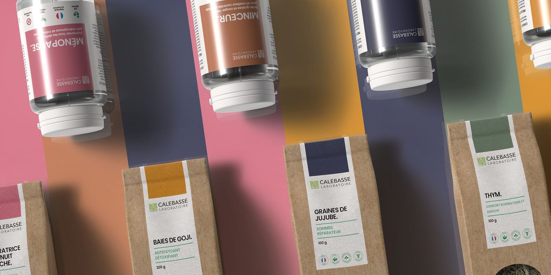 Gélules et plantes Calebasse sur fonds de couleur : Ménopause, Minceur, Baies de goji, Graines de jujube, Thym