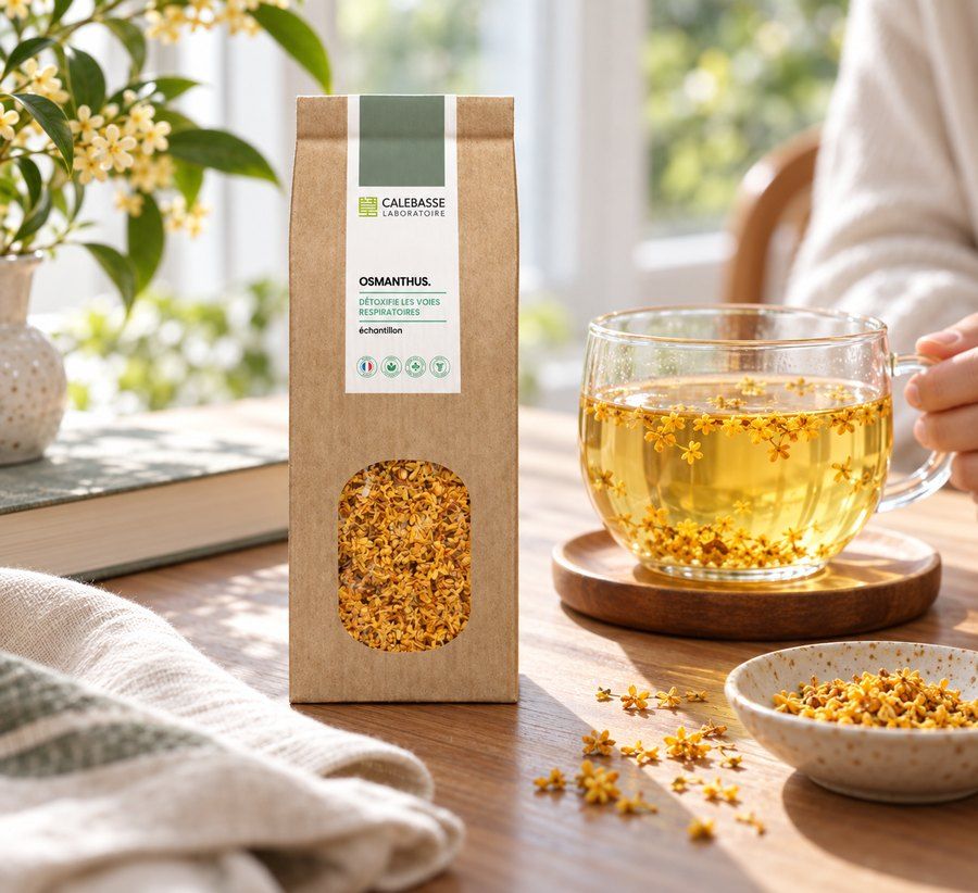 Sachet de fleurs d’osmanthus Calebasse et une tasse d’infusion