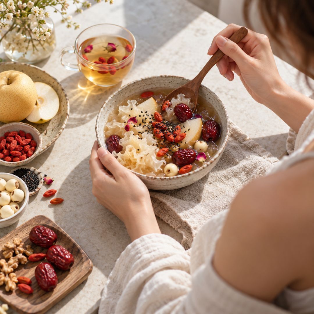 Bol de poire, jujubes, goji et champignon blanc, et infusion de rose