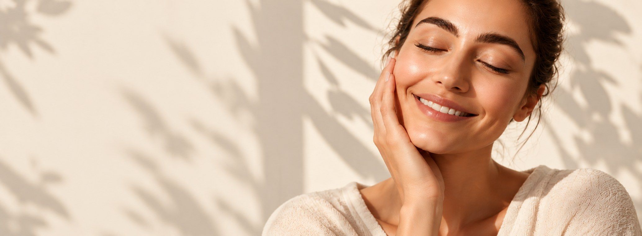 Femme souriante, la main posée sur la joue, dans une lumière douce