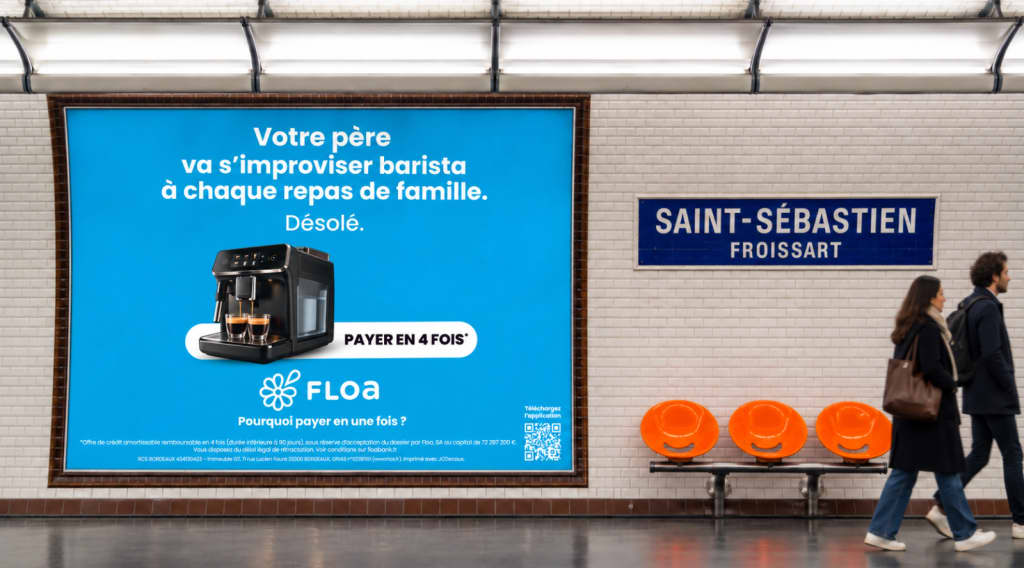 Floa - Sous la signature « Pourquoi payer en une fois ? », Floa décline avec ironie le mot « DÉSOLÉ » adressé à tous ceux qui doivent désormais subir l’enthousiasme débordant d’un proche pour son nouvel achat.