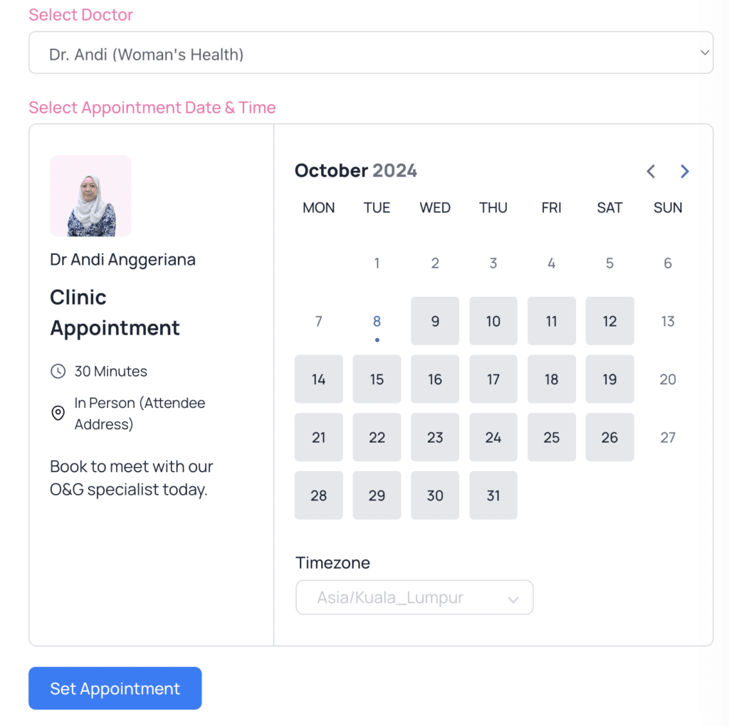 Klinik Asriana integrated booking system