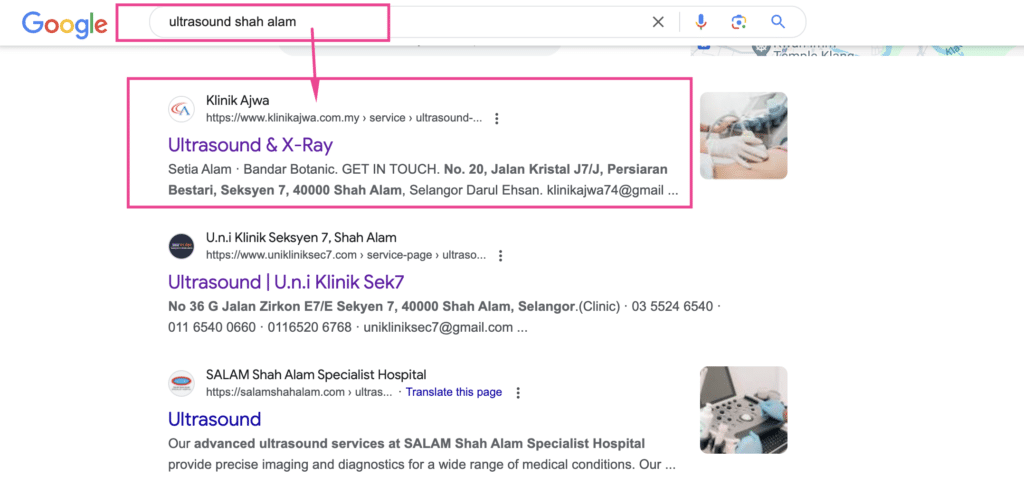 Klinik Ajwa appearing in Google Search for 'ultrasound Shah Alam'