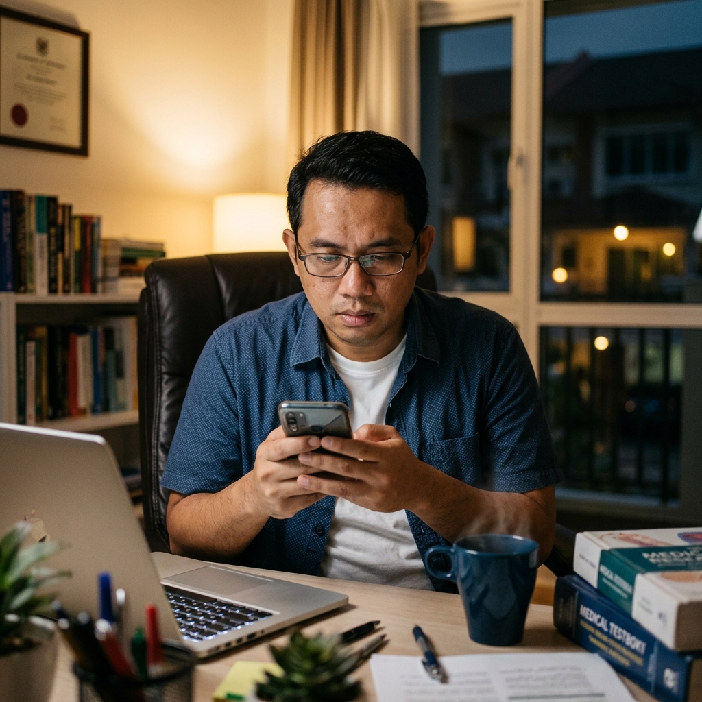 Malaysian doctor handling after-hours enquiries at night