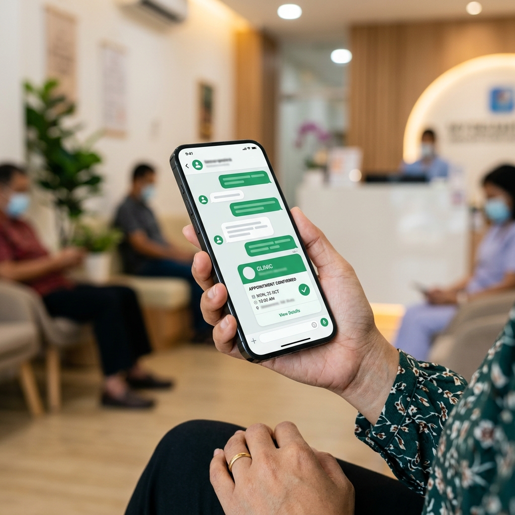 WhatsApp clinic appointment confirmation on patient smartphone