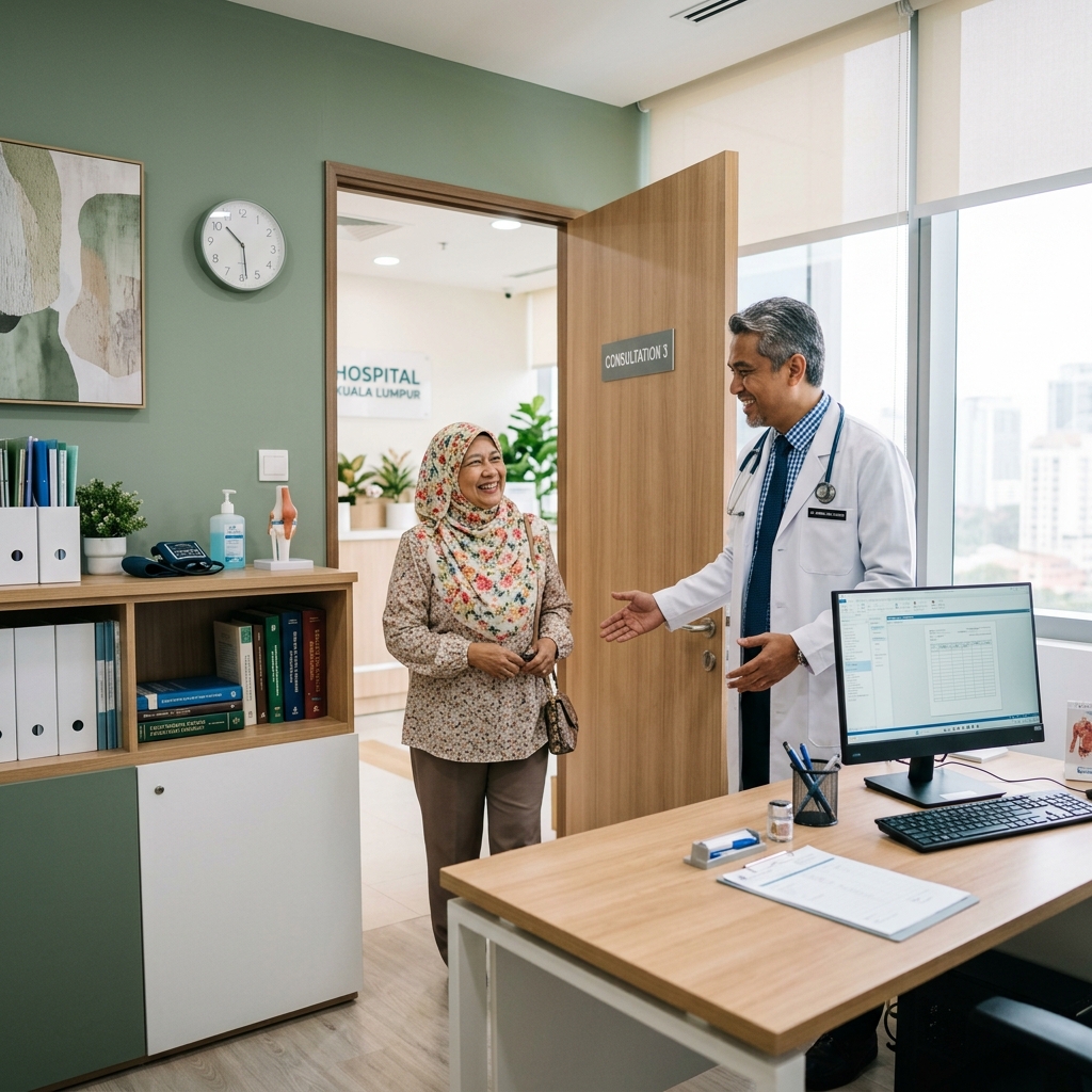 Malay doctor welcoming patient into modern Malaysian clinic consultation room