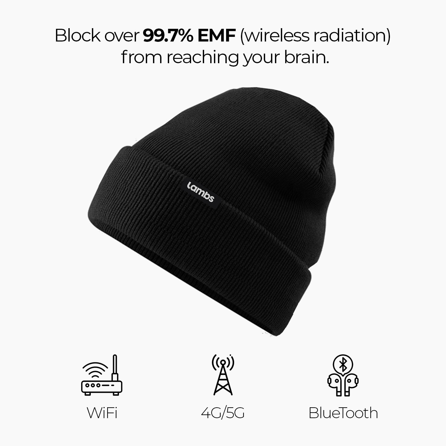 a black beanie hat with the text block over 99 % off wireless radiation from