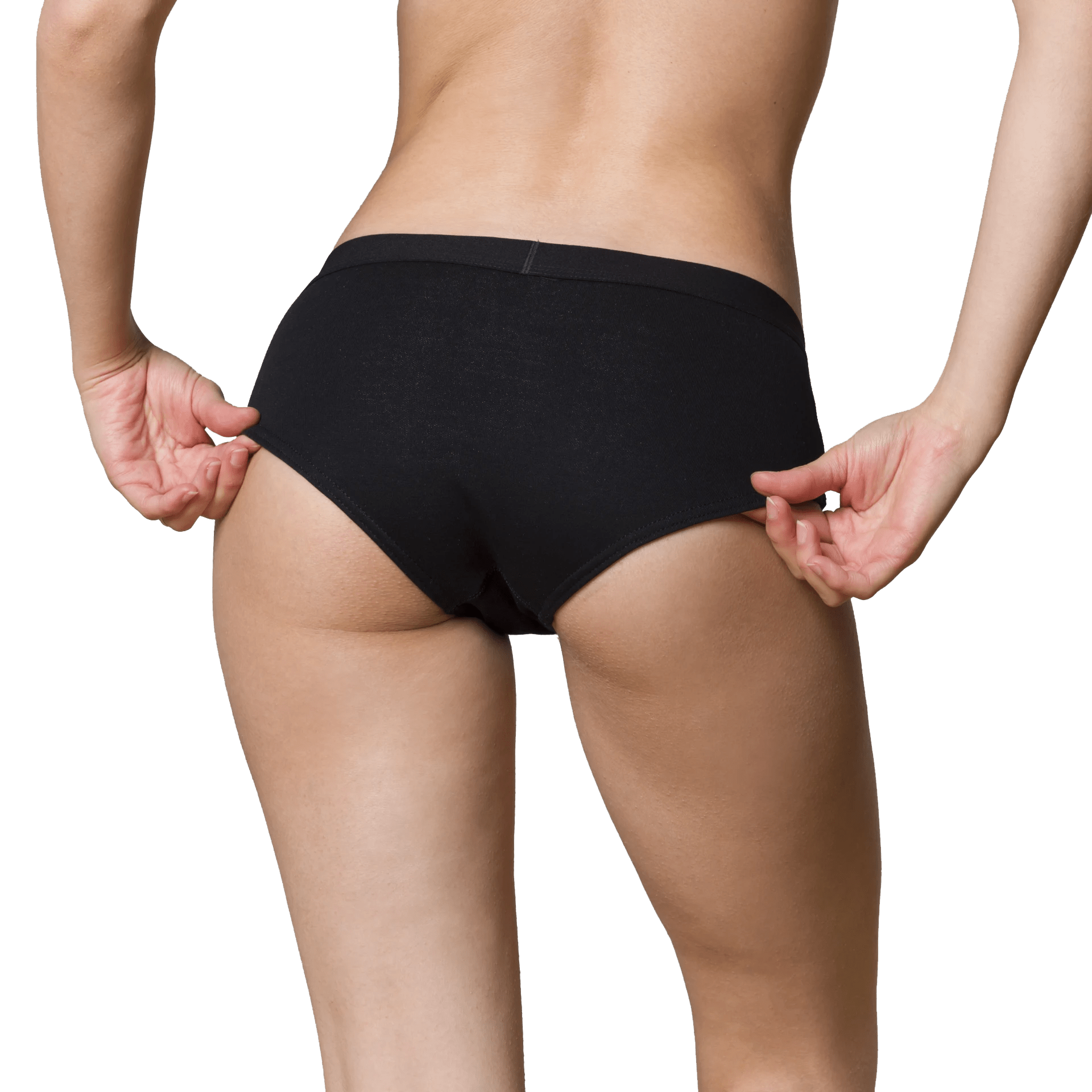 a woman in a black panties is holding her butt