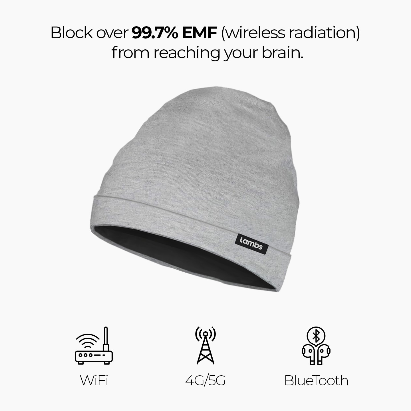 a beanie hat with the text block over 99 % off wireless radiation from reaching