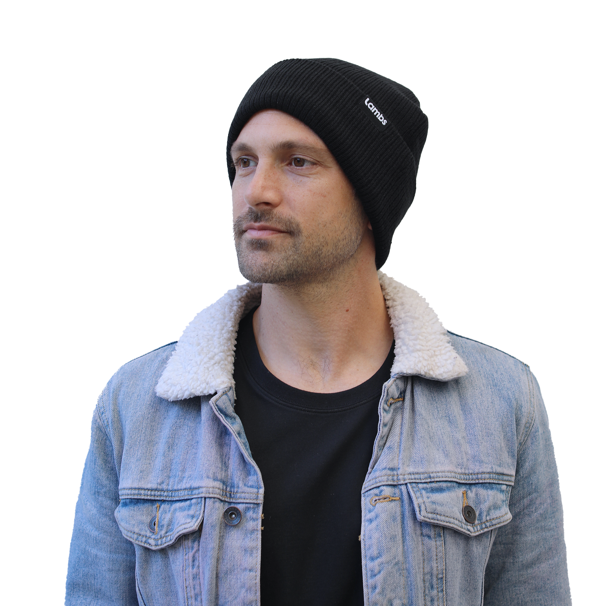 a man wearing a denim jacket and a black beanie