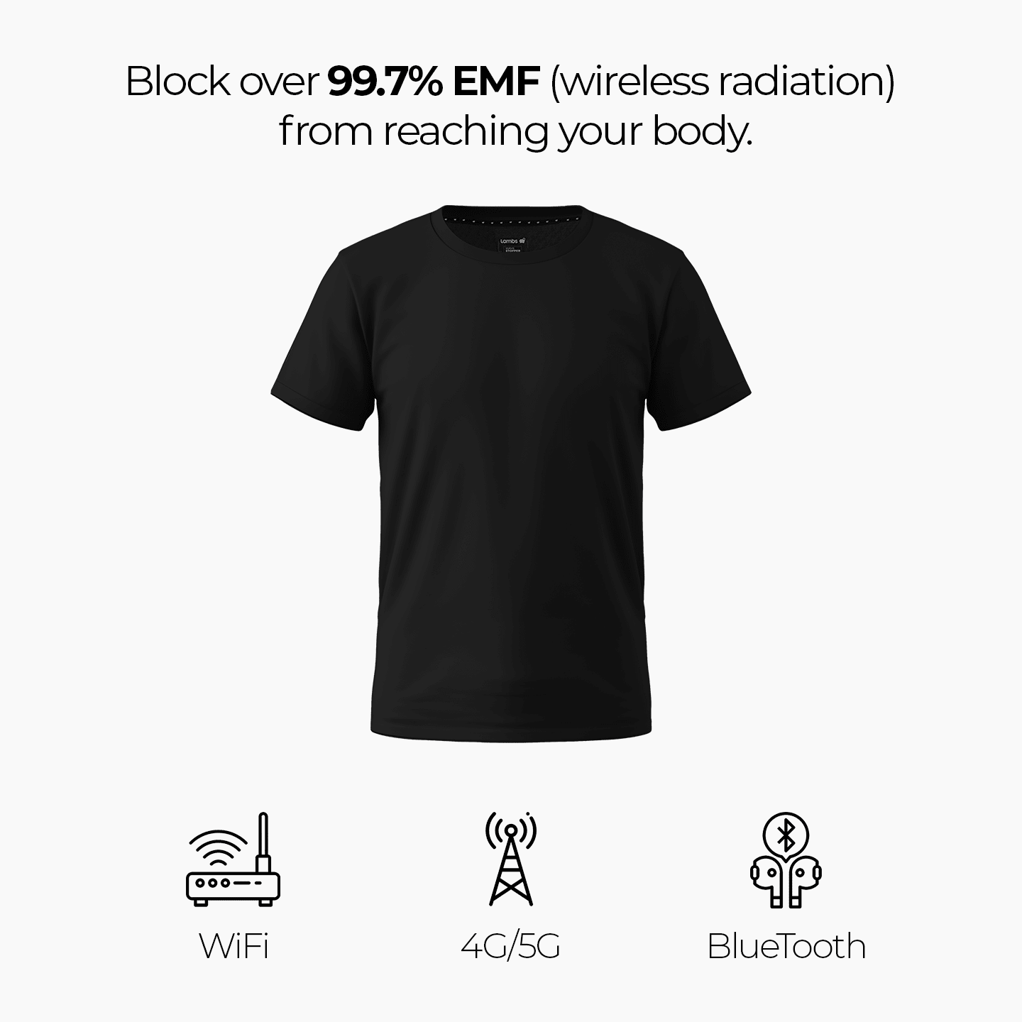 a black t - shirt with the text black over 99 % emf wireless radiation