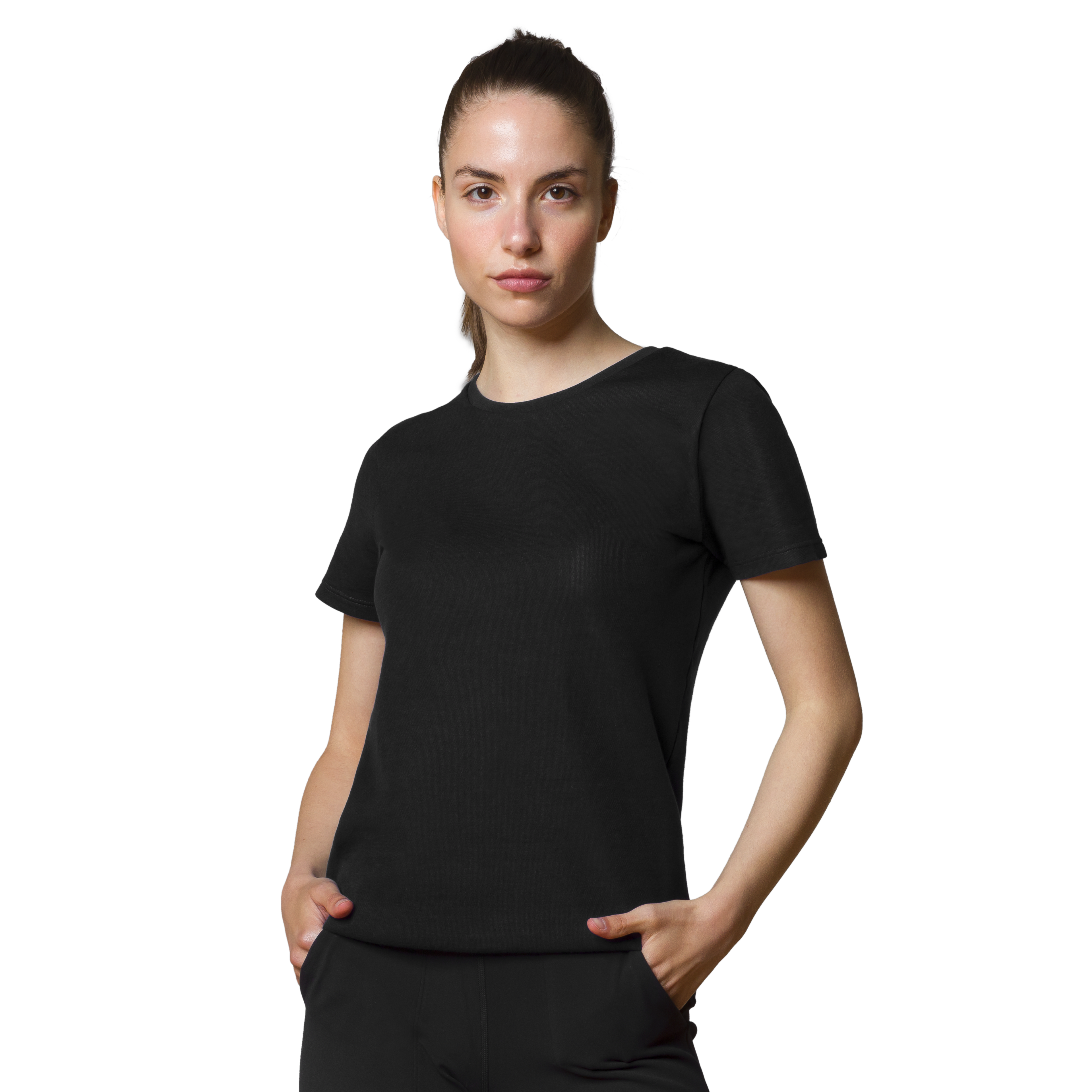 a woman wearing a black shirt and shorts