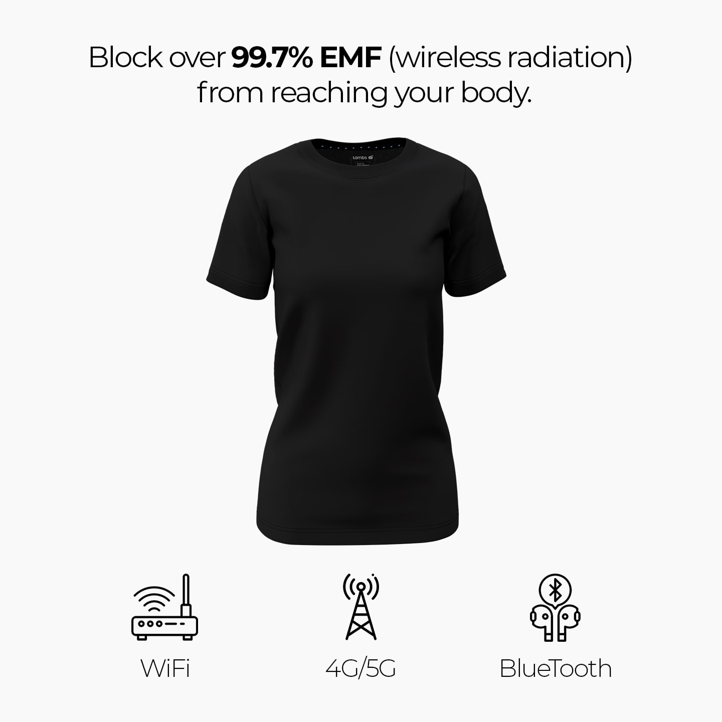 a black t - shirt with the text black over 99 % emf wireless radiation