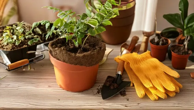 Γλάστρες και εργαλεία μεταφύτευσης