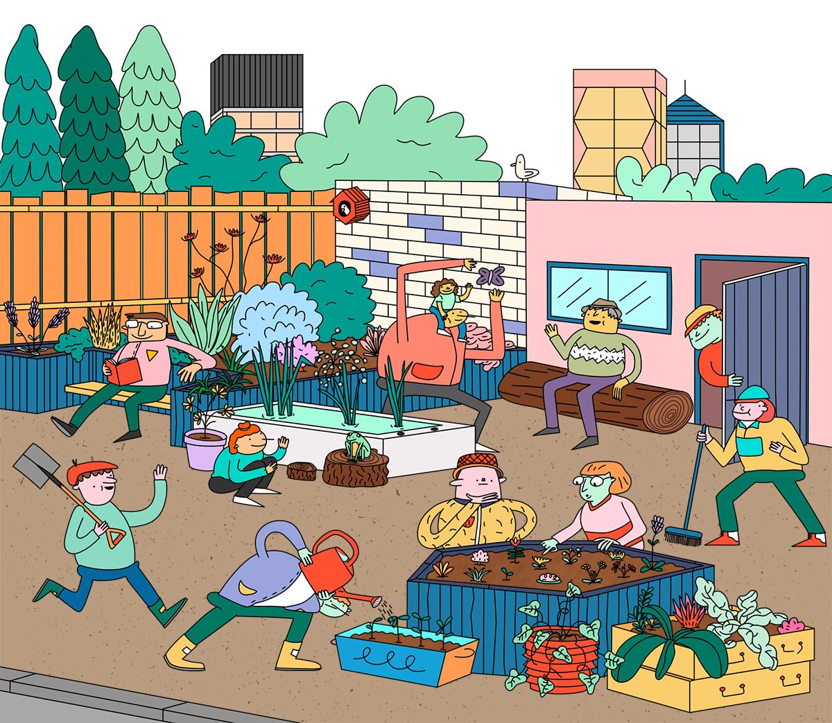 Busy garden scene with lots of characters and plants