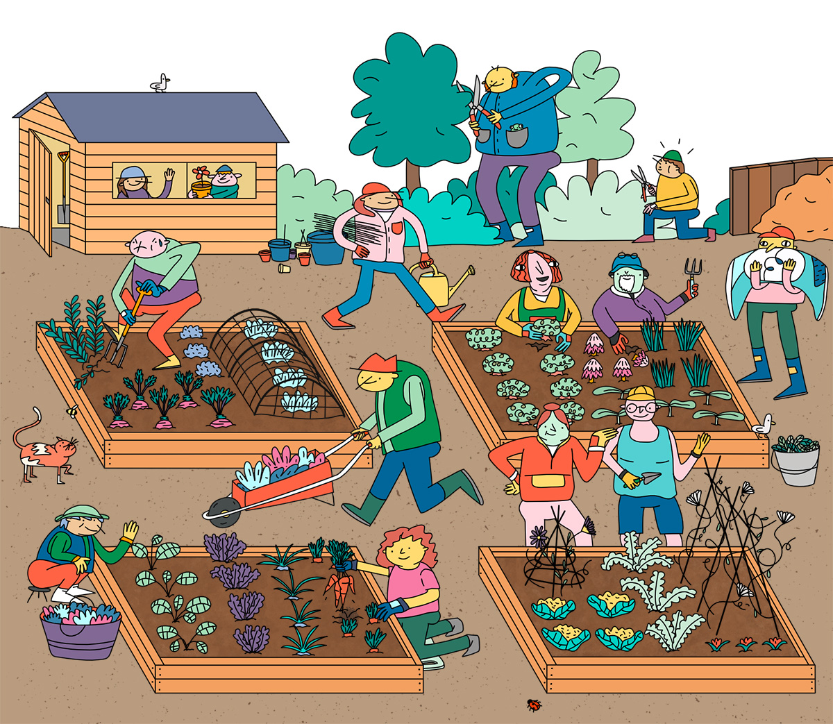 Busy garden scene with lots of characters and plants