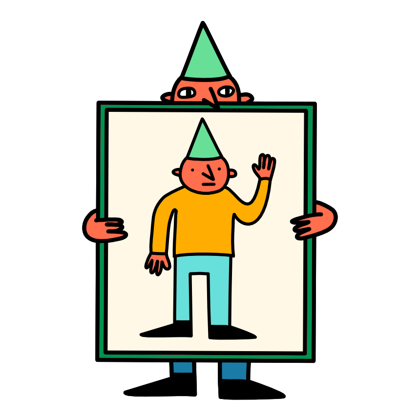 A man holding up a picture of a man with a hat