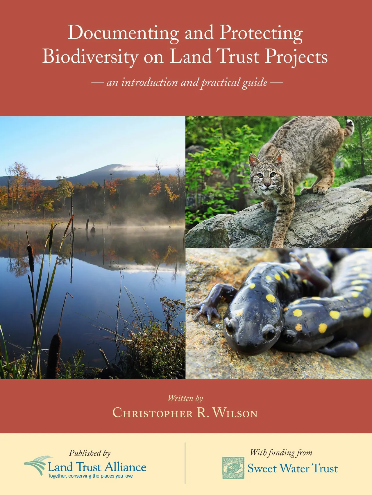 Book cover with red accents and a photo collage of a lake, bobcat and salamanders