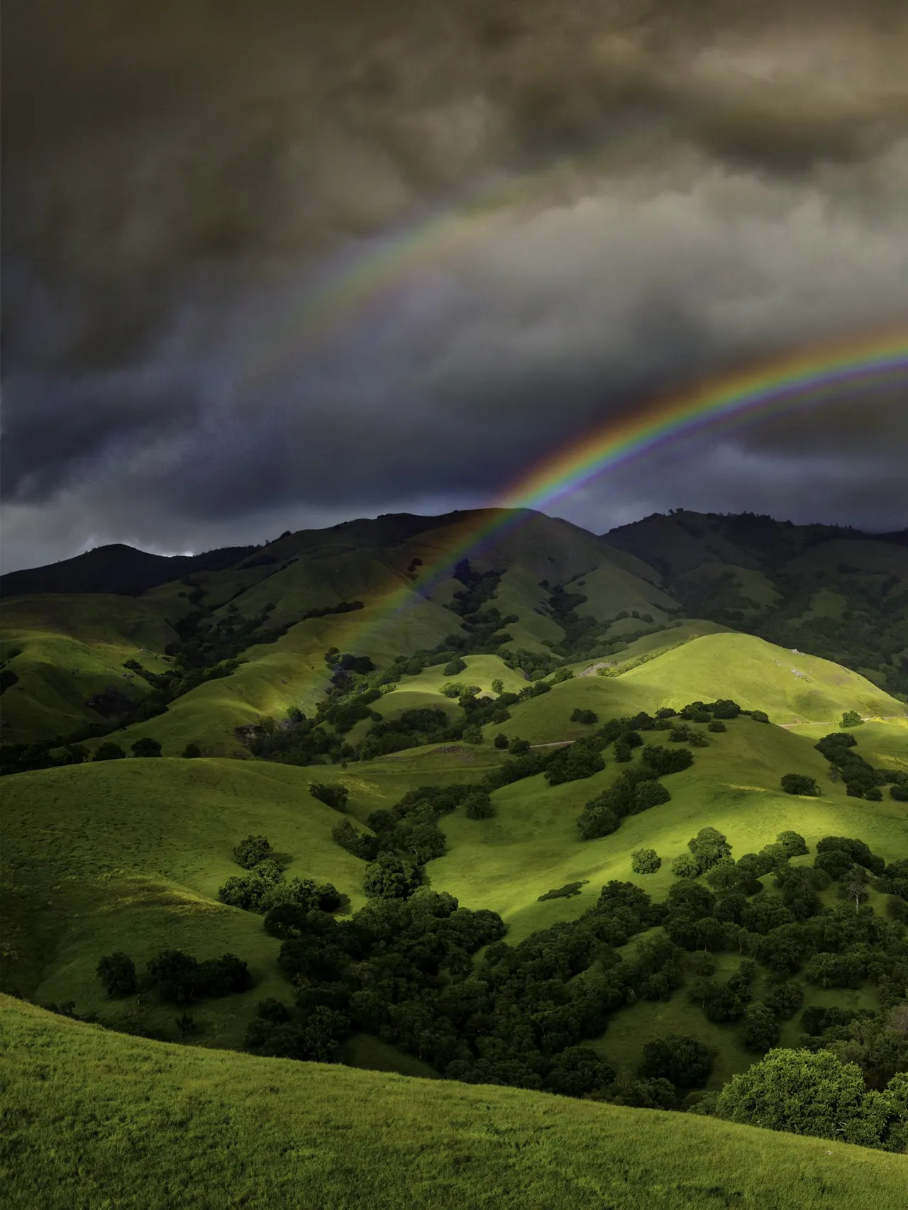 Rainbow over dark clouds, above rolling green hills with trees covering it.