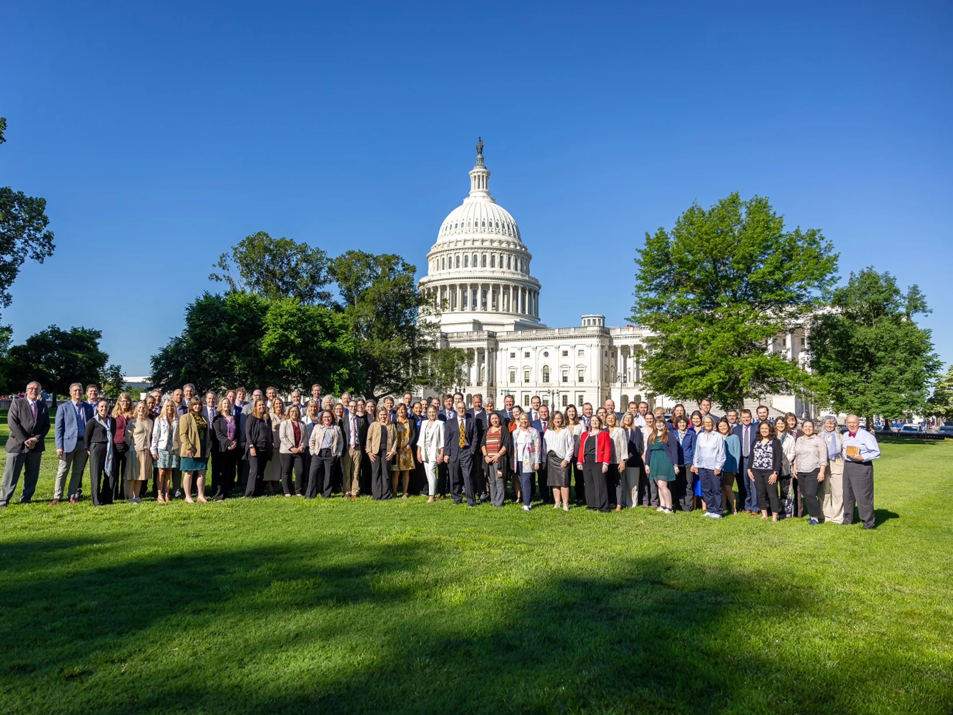 A large group of people standing on the grass in front of the U.S. Capitol building on a clear day.