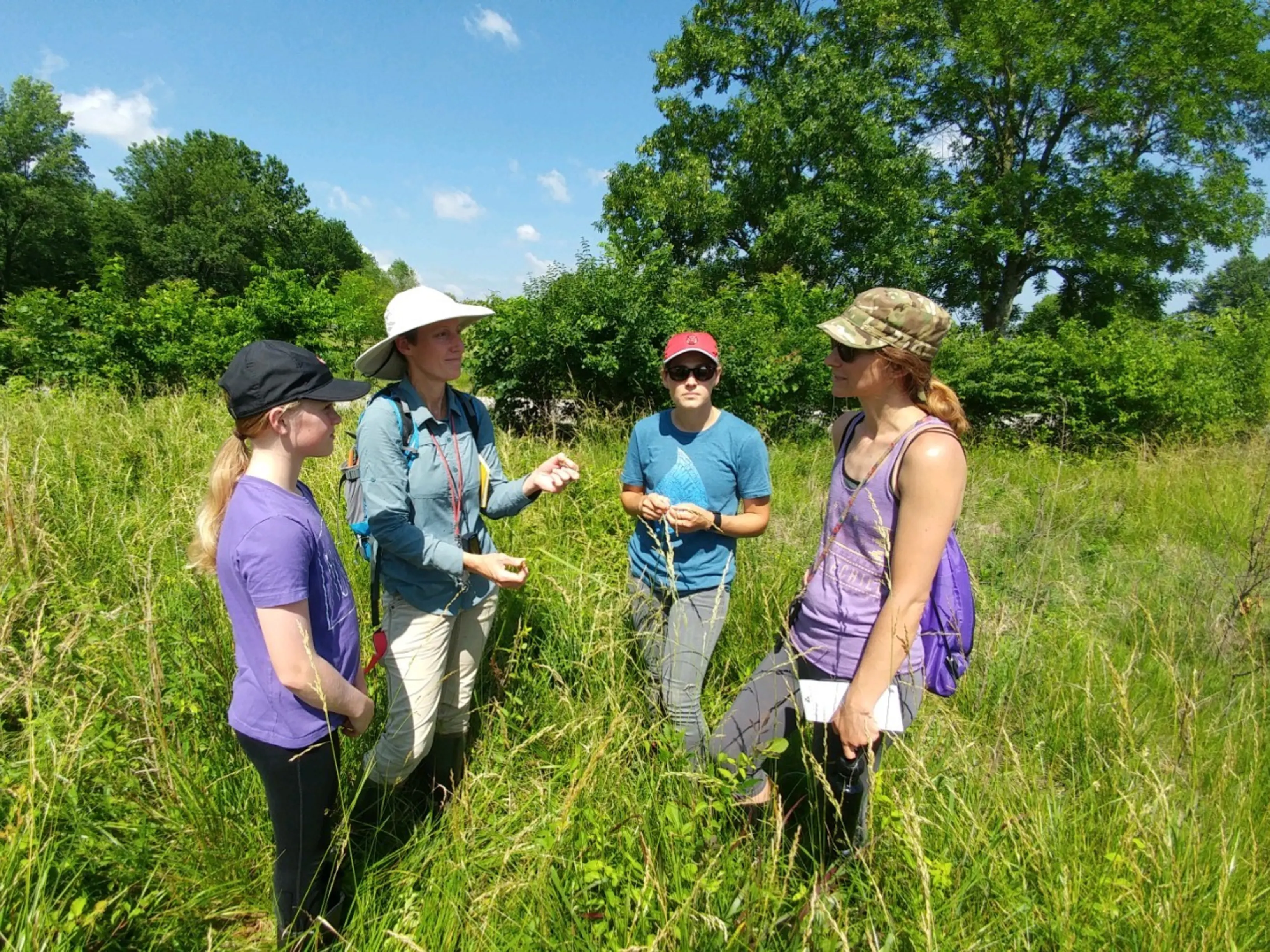 Four people stand in a field wearing hats