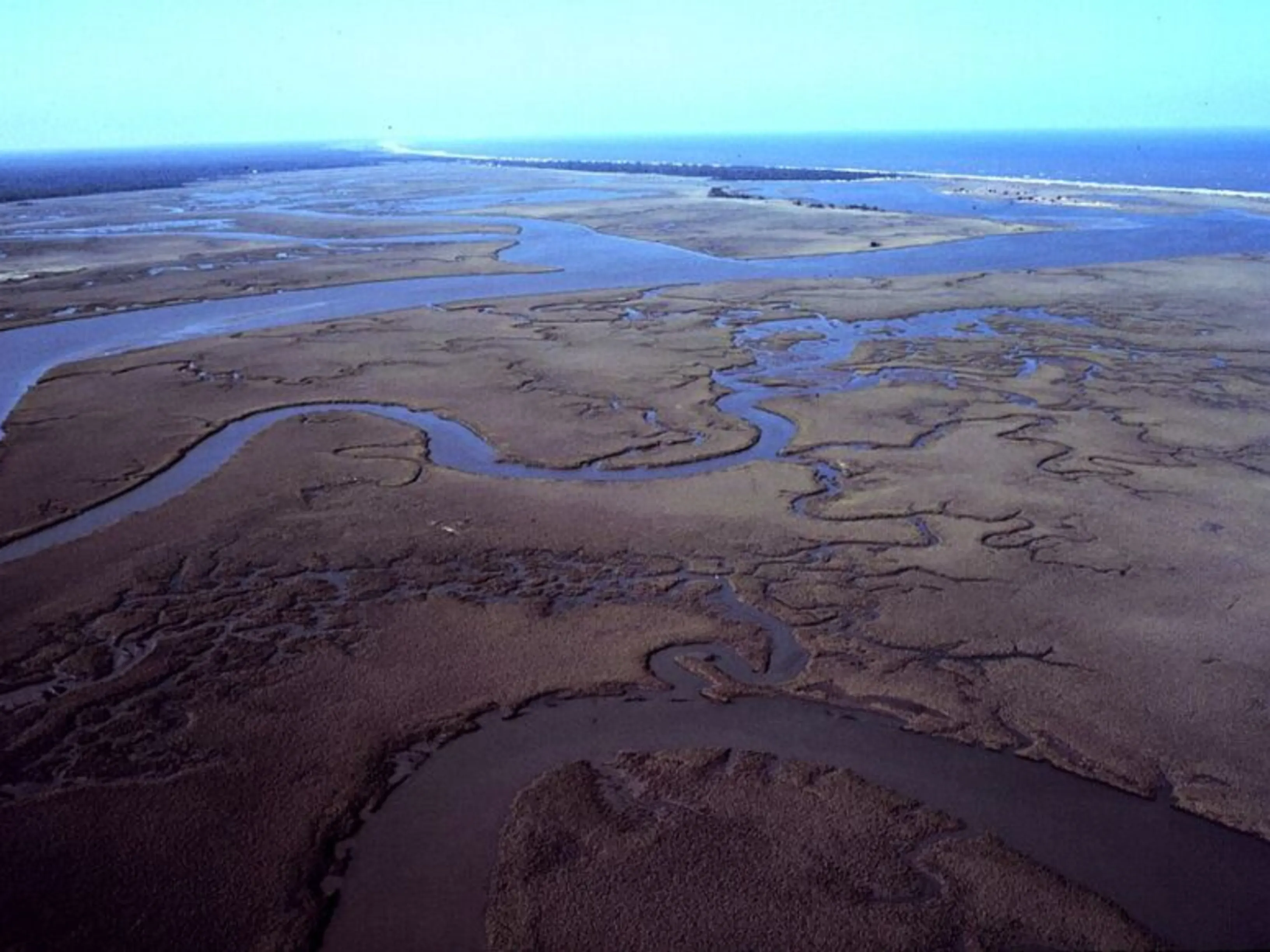 Snaking river with sandy banks surrounding it