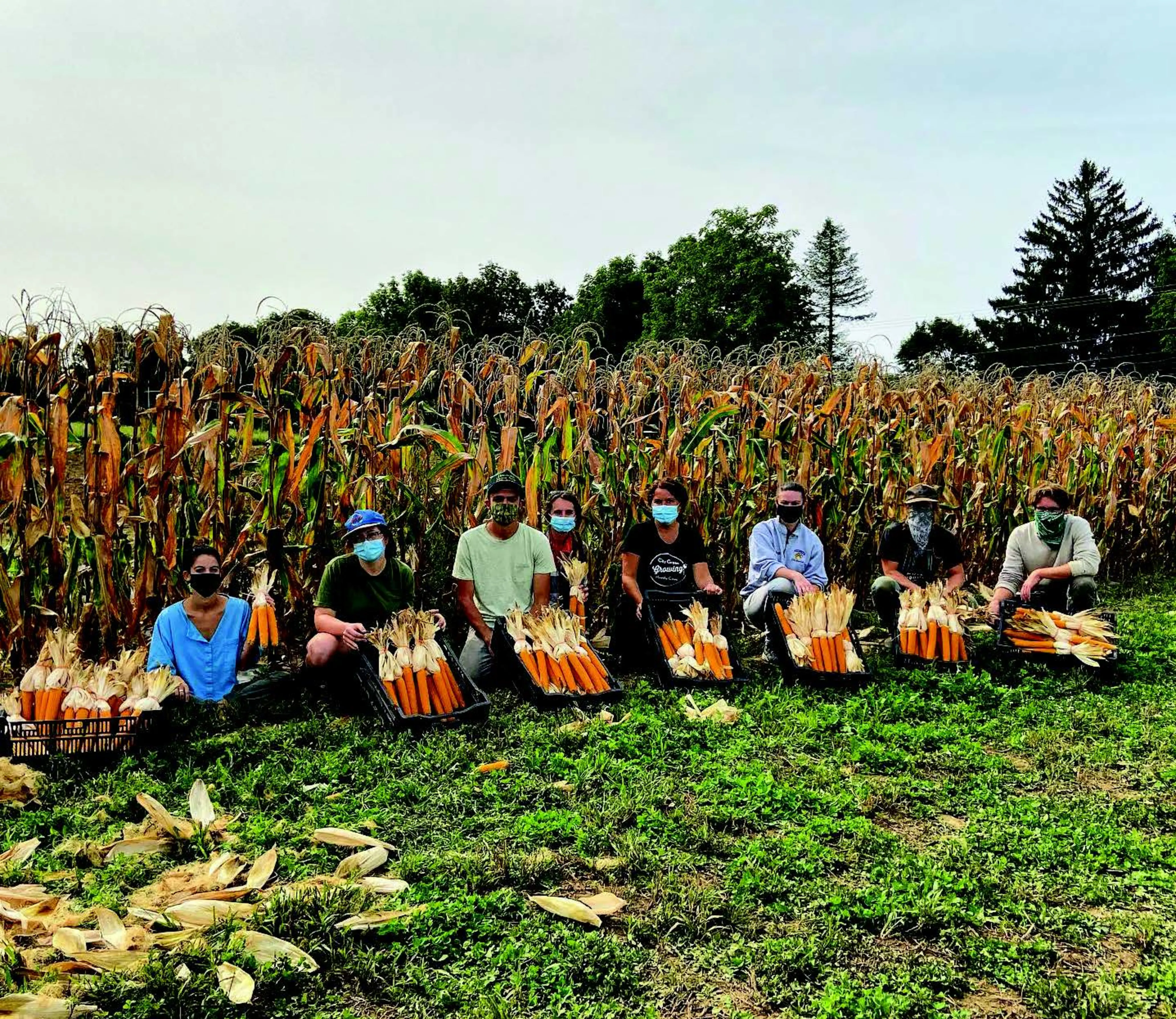 People wearing masks kneel in front of a field holding baskets of fresh food.