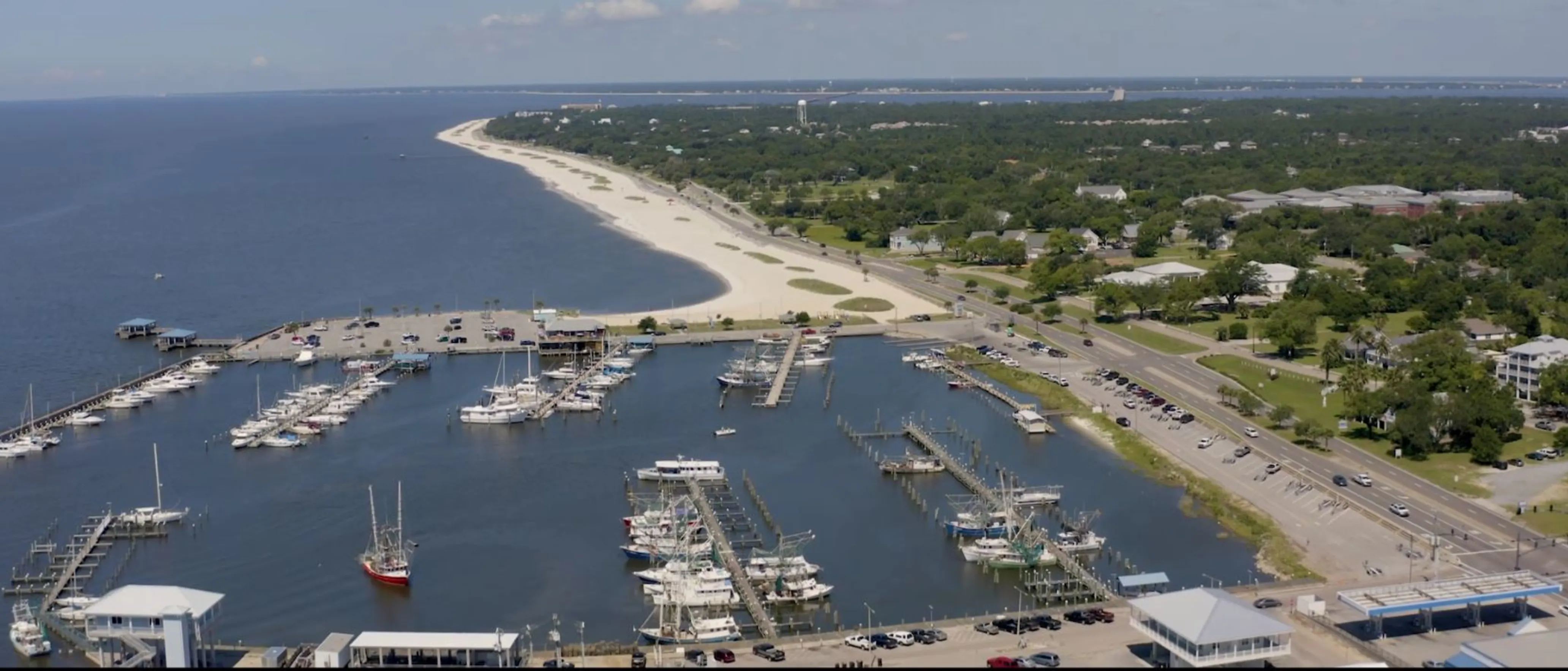 Photo of a pier with many docks and boats next to it, right next to a street.