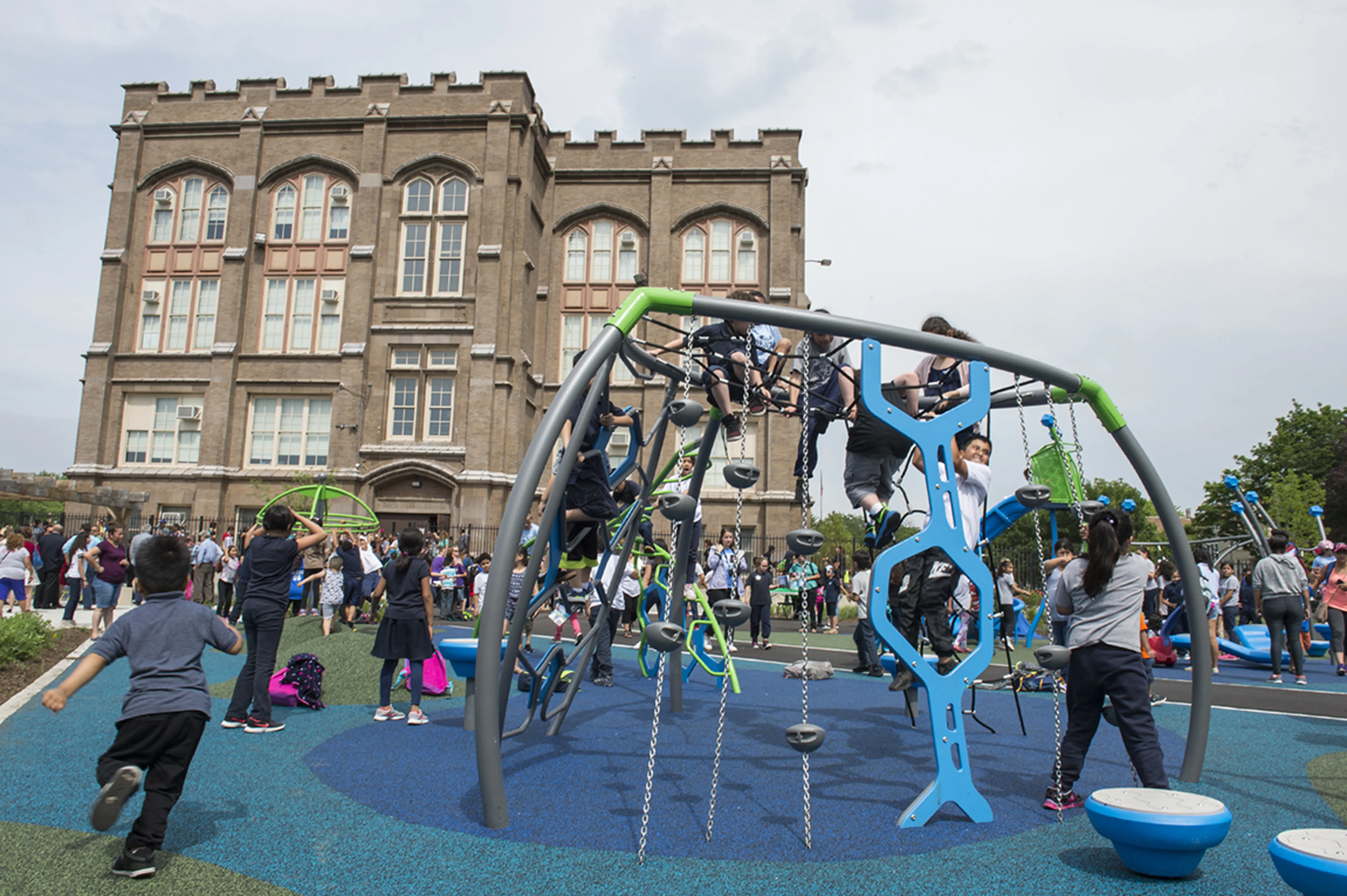 Children play on a school playground.