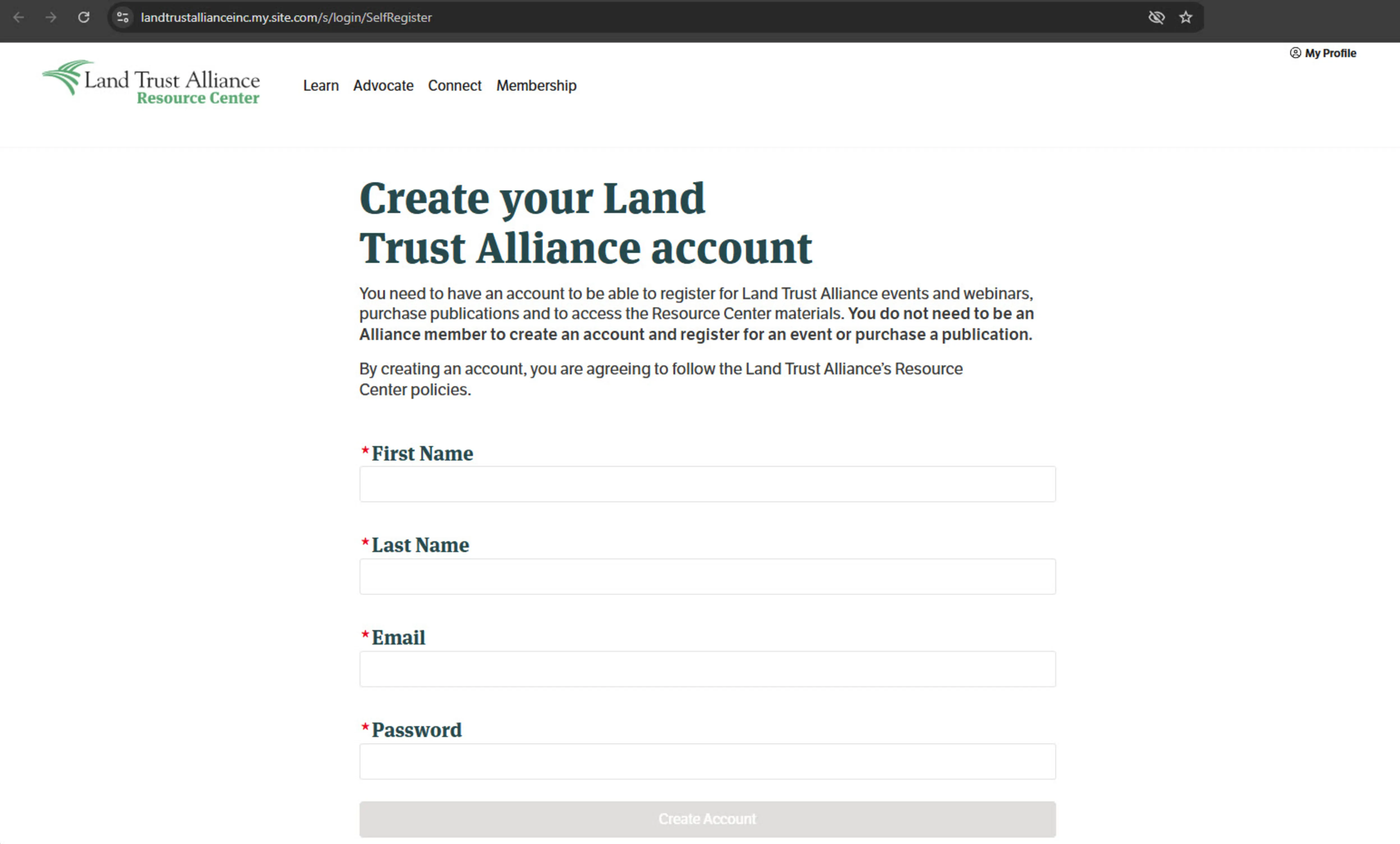 A screenshot of an account creation webpage