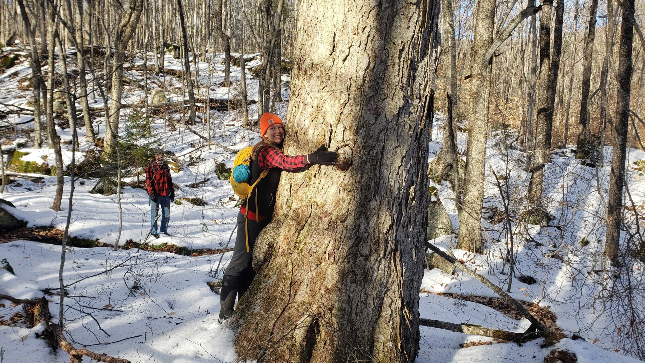 A woman hugs a tree on a newly-protected wilderness preserve.