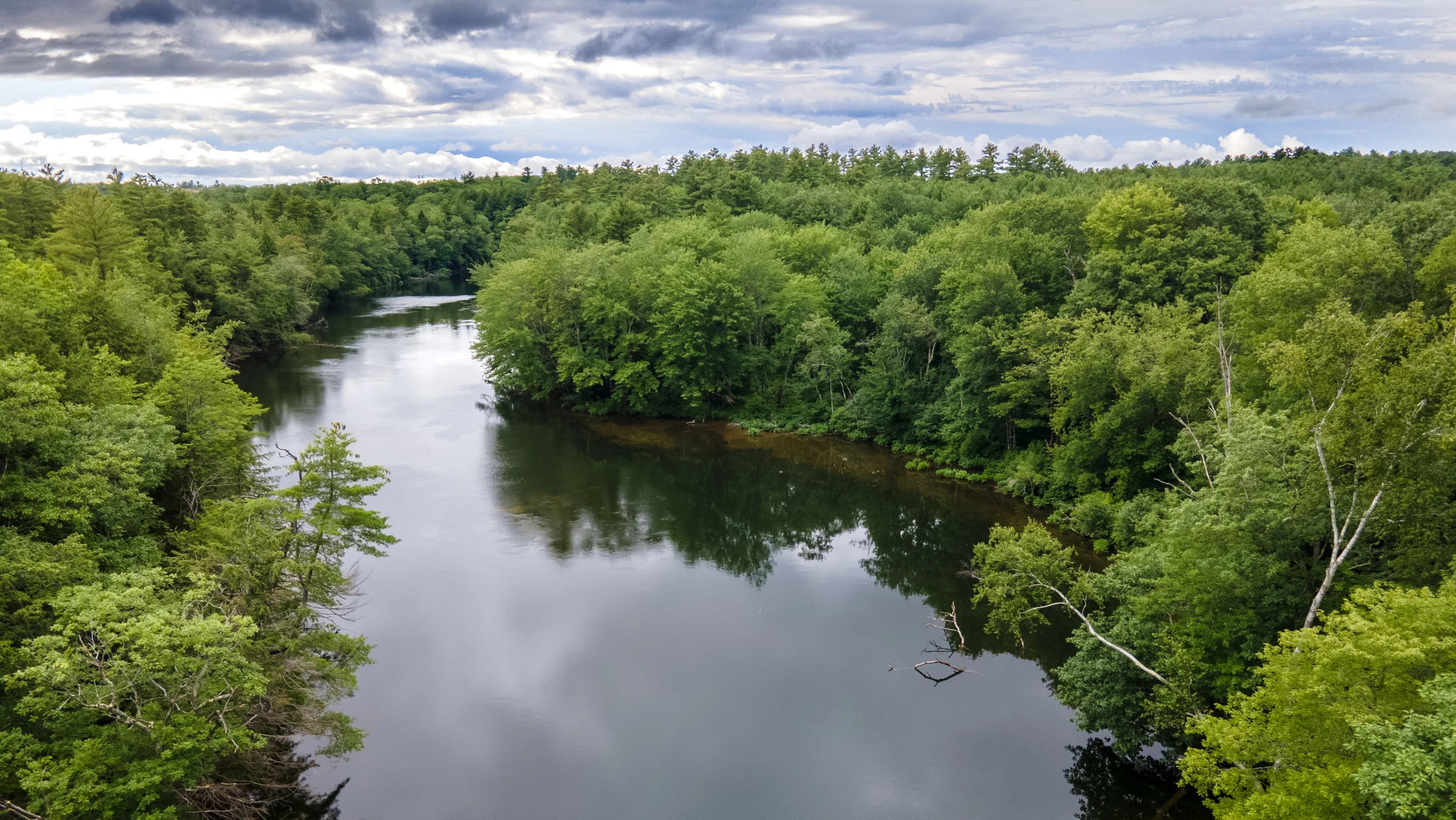 An aerial photo looking down at a river lined with lush forests.