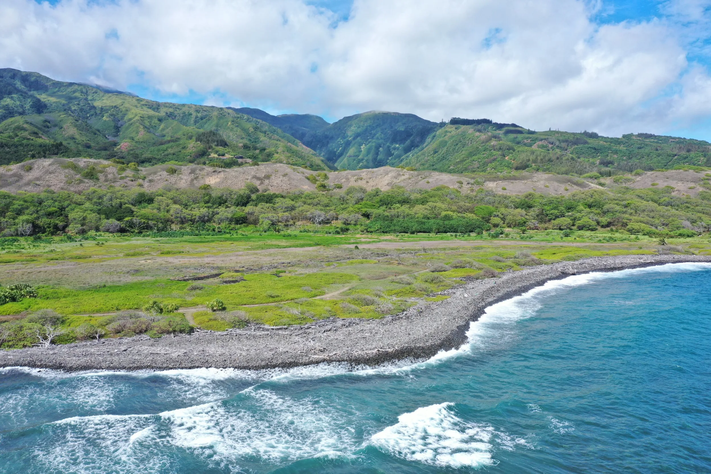 Hills covered in trees surrounding blue ocean water