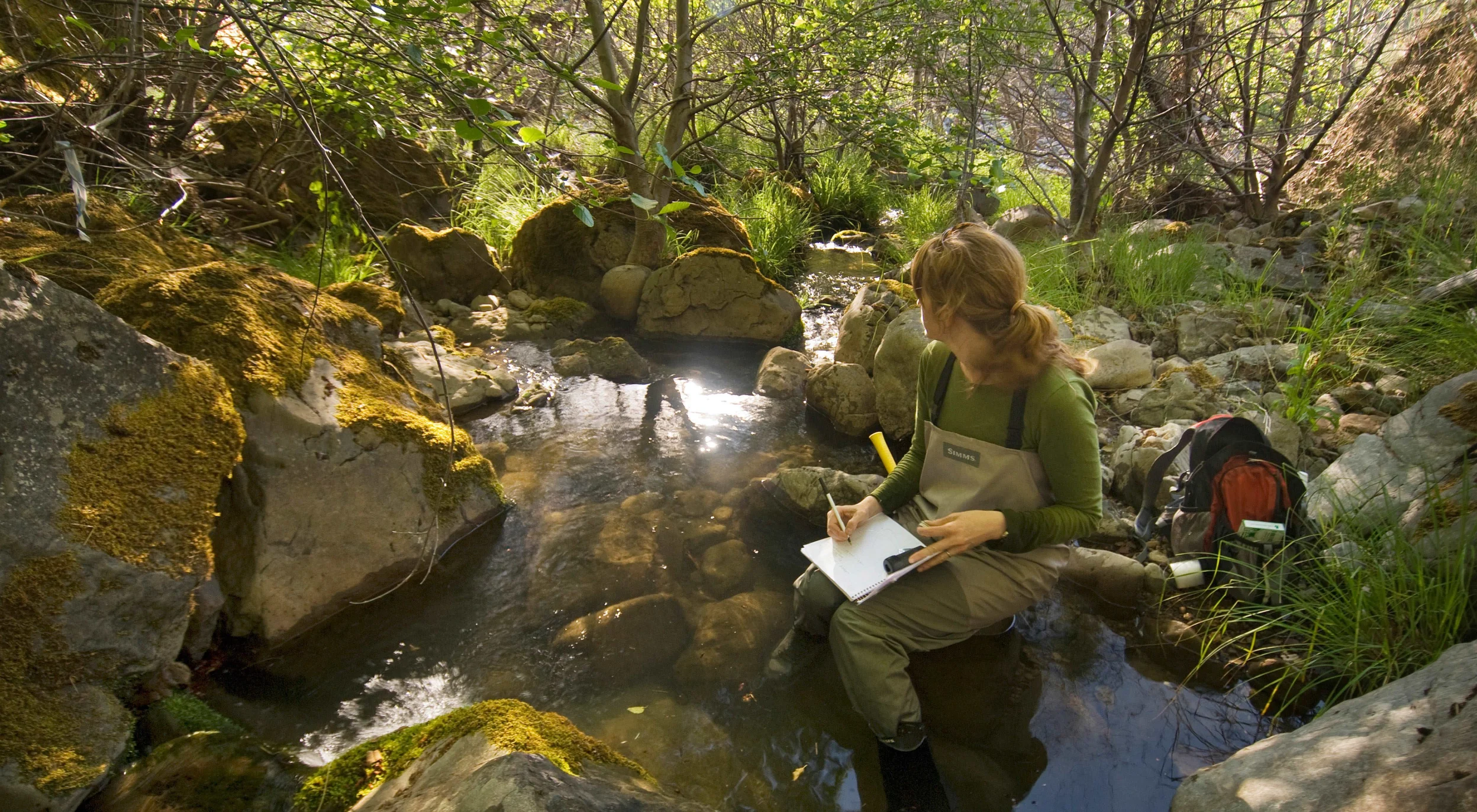 Person wearing coveralls and rubber boots sitting on a rock next to a stream surrounded by woods with feet in the water, writing on a clipboard with a backpack behind them.