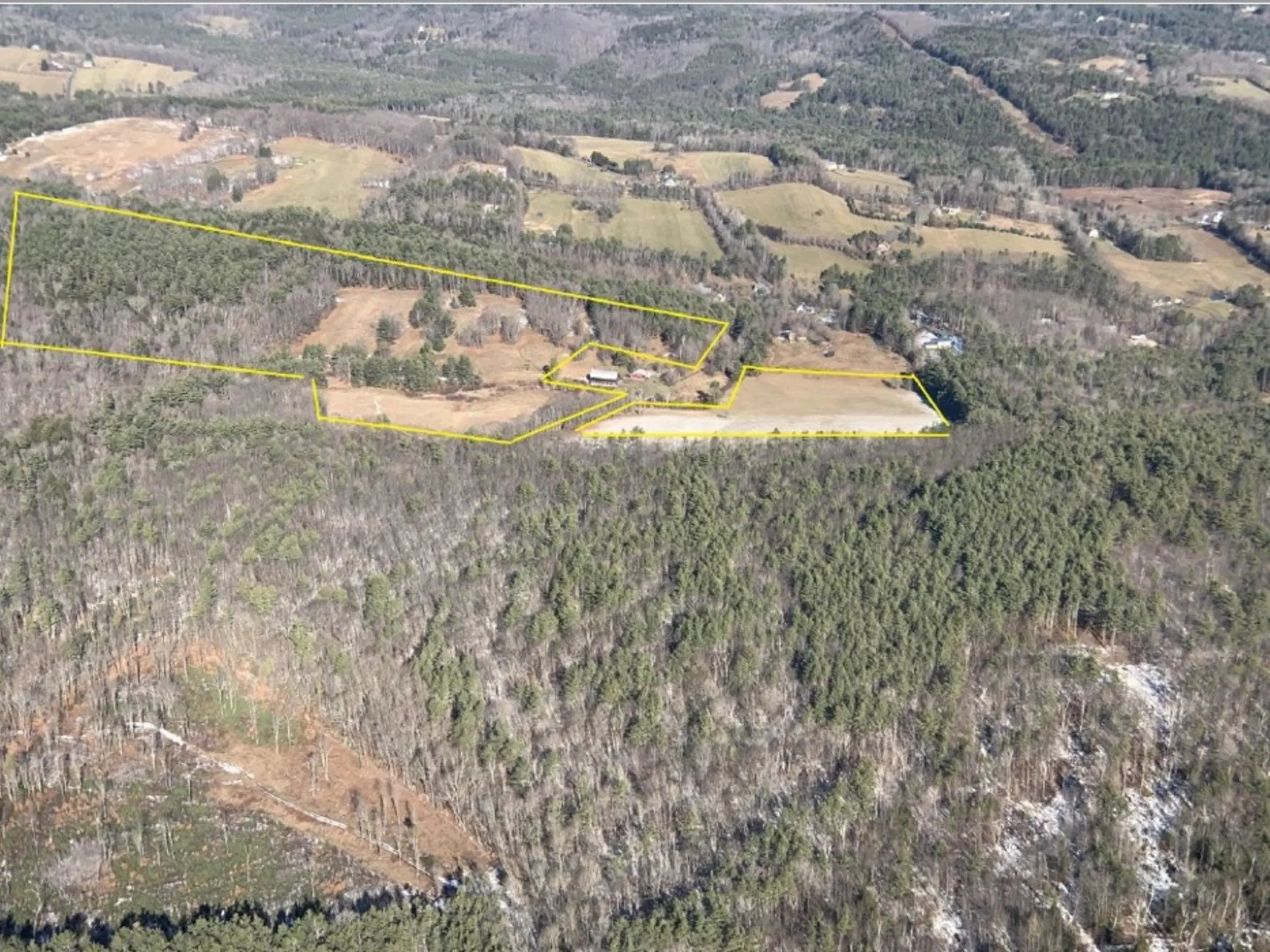 Photo taken from above of trees and field, with a hand drawn boundary in yellow