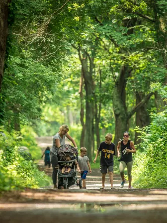 A woman walking on a field pushing a stroller with two children next to her.