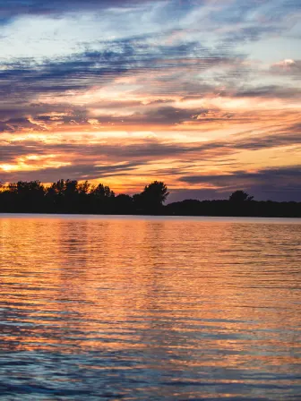 A body of water surrounded by trees with the sun setting and reflecting off the water