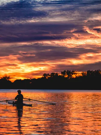 Silhouette of a person rowing a boat on water with trees surrounding it and the sun setting.